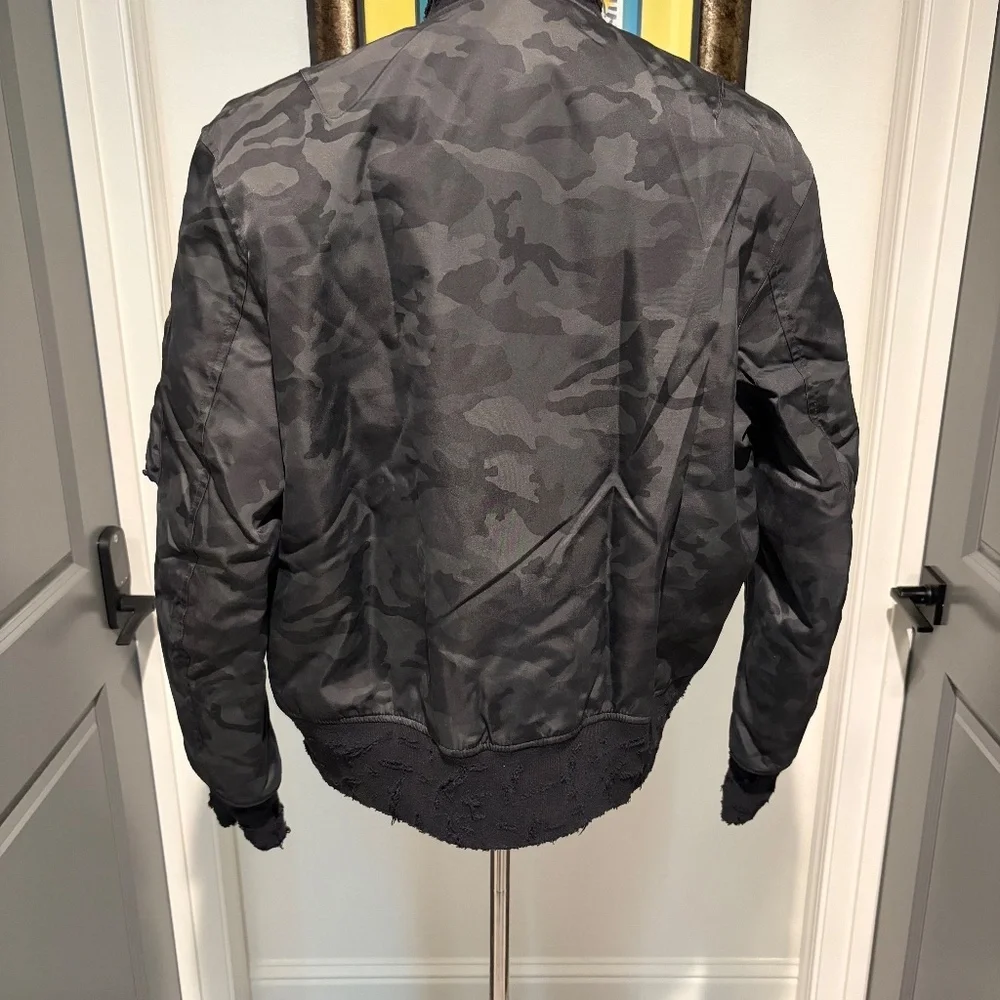IRO Mens Distressed Bomber Jacket Black Camo Size Medium - Brand New